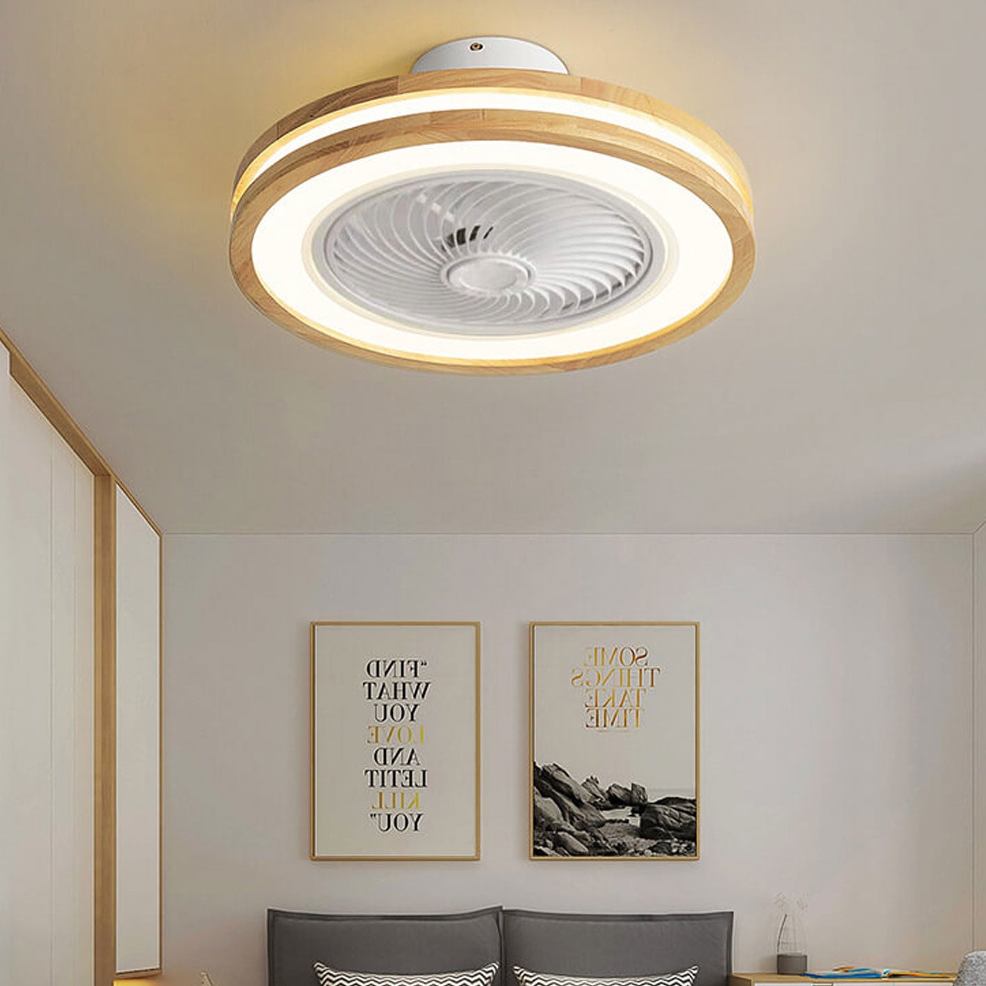 12-3e562e8e-2da2-47bf-b1dc-7d484be9fff2.jpg Modern Minimalist Wood Geometric LED Flush Mount Ceiling Fan Light - Image 1