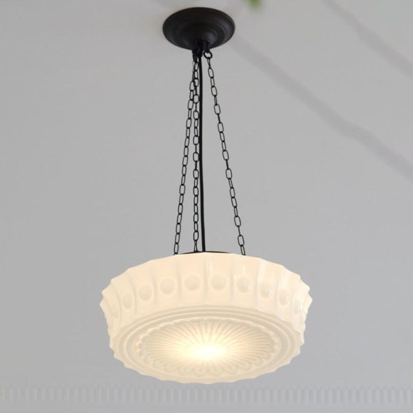 French Vintage White Jade Glass Stripes Round Drum LED Semi-Flush Mount Ceiling Light - Image 2
