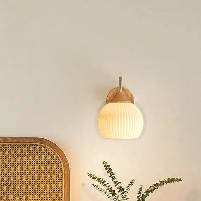 12-83ea8876-bf61-4c76-bdbb-eac1c887d701.jpg Nordic Striped Glass Round Log Wood 1-Light Wall Sconce Lamp - Image 1