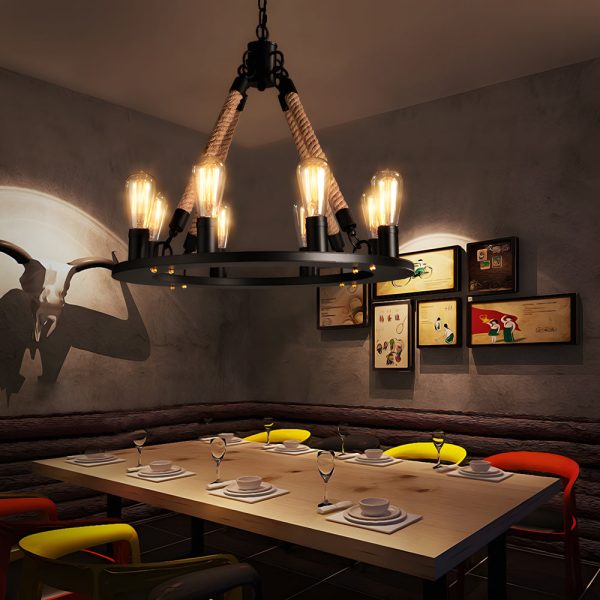 Rustic Industrial Hemp Rope Chandelier with Iron Frame - Image 2