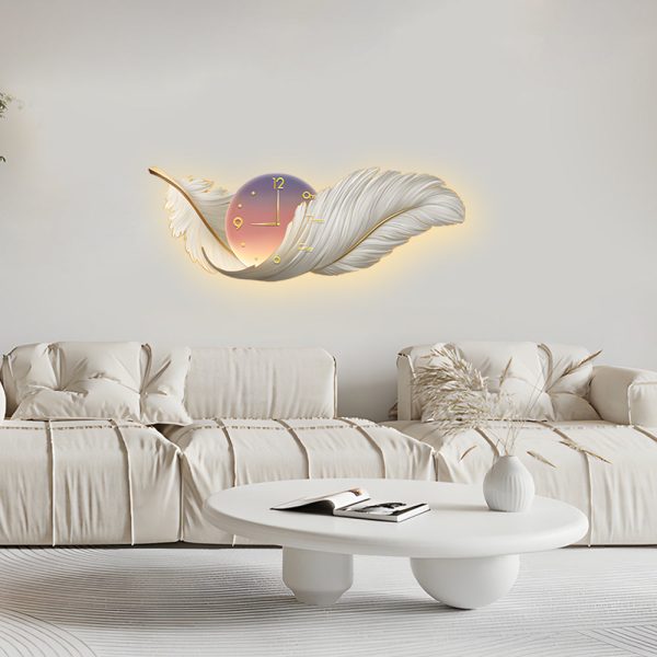 2-In-1 Wall Feather Painting Hanging Decor LED Wall Lamp Wall Clock - Image 5