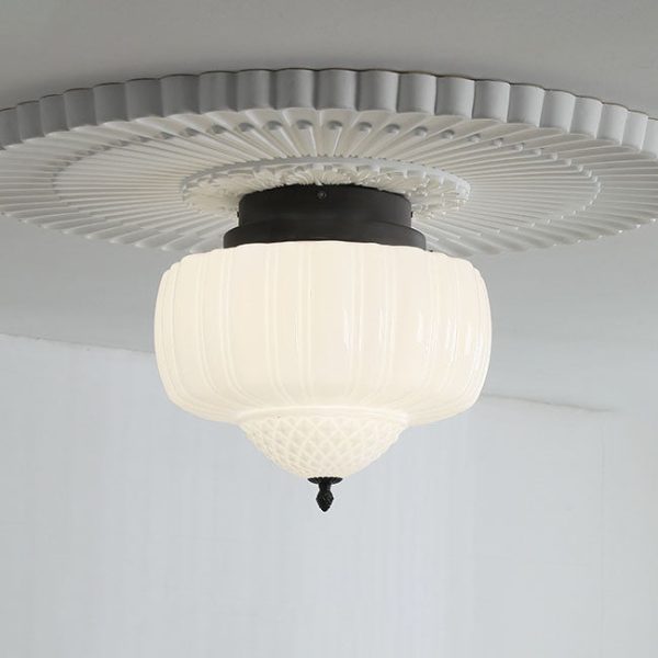 Modern Art Deco Iron Pumpkin Glass Shade 3-Light Flush Mount Ceiling Light For Living Room - Image 5