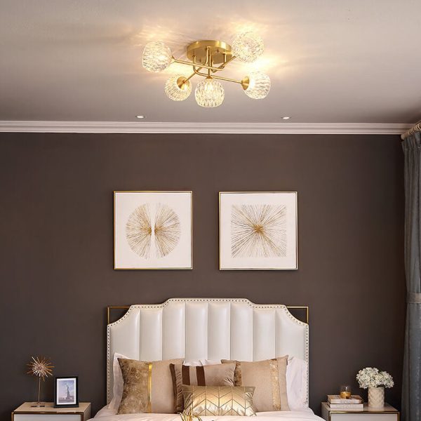 Mid-Century Modern Round Copper Crystal Glass 5-Light Semi-Flush Mount Ceiling Light - Image 8