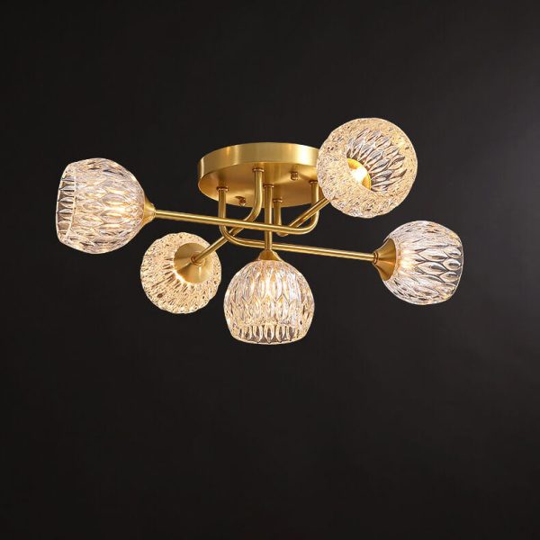 Mid-Century Modern Round Copper Crystal Glass 5-Light Semi-Flush Mount Ceiling Light - Image 9