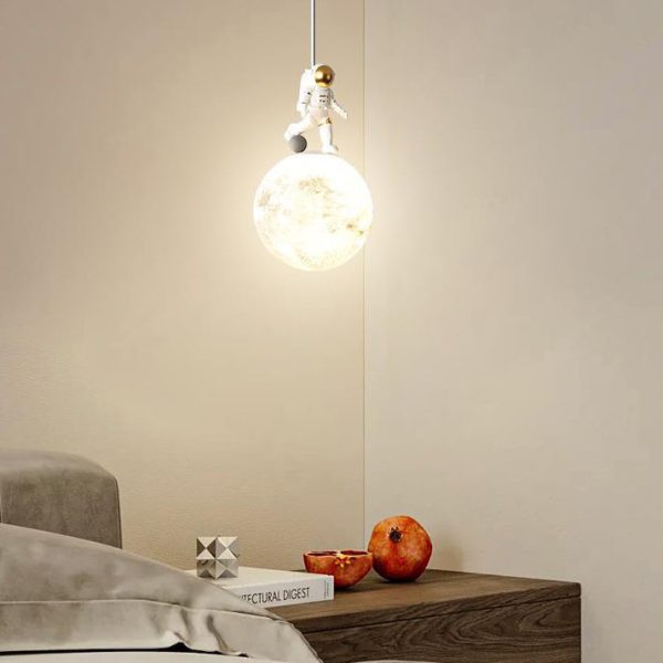 Modern Minimalist Astronaut Moon Iron Resin LED Pendant Light For Bedroom - Image 2