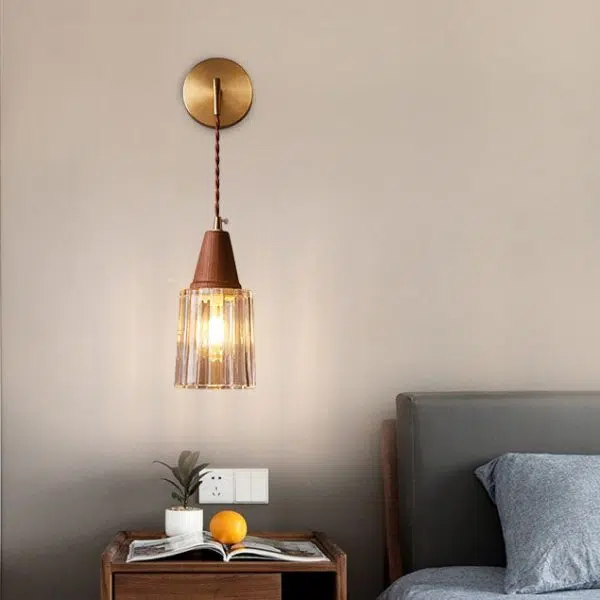 Japanese Walnut Glass  Copper Cylinder 1-Light Wall Sconce Lamp - Image 14