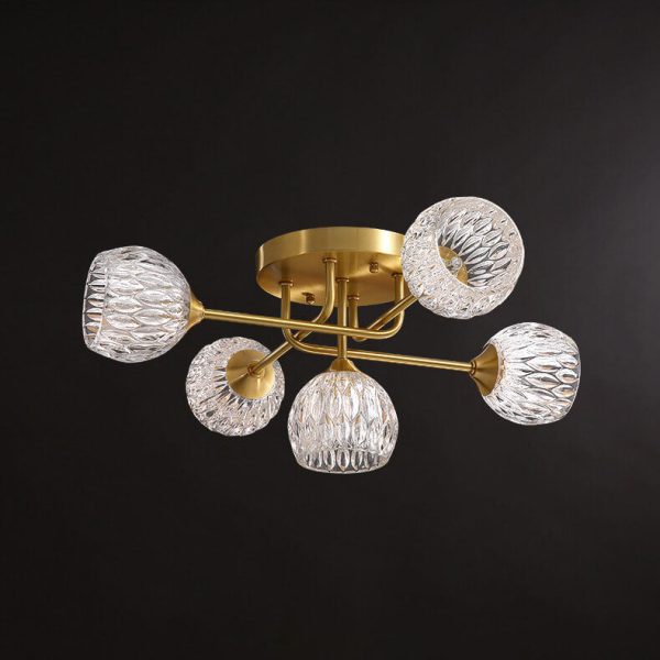 Mid-Century Modern Round Copper Crystal Glass 5-Light Semi-Flush Mount Ceiling Light - Image 4