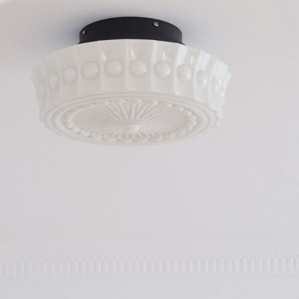 French Vintage White Jade Glass Stripes Round Drum LED Semi-Flush Mount Ceiling Light - Image 16