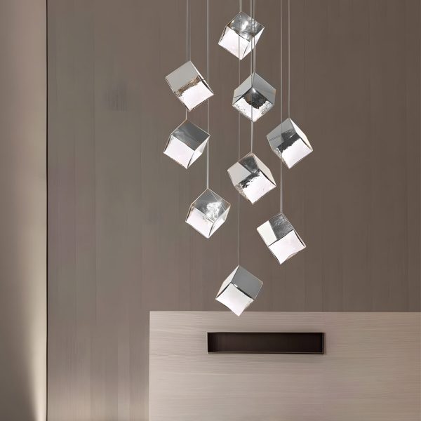 1/3/6/9-Light Multi Glass Ice Cube Metallic Staircase Chandelier in Gold/Chrome - Image 8