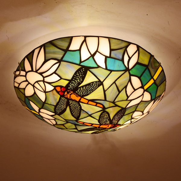 Vintage Tiffany Dragonfly Stained Glass 2/3 Light Flush Mount Ceiling Light - Image 4