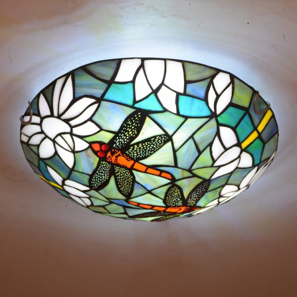 Vintage Tiffany Dragonfly Stained Glass 2/3 Light Flush Mount Ceiling Light - Image 3