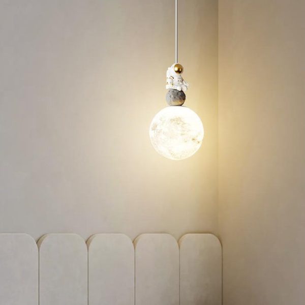 Modern Minimalist Astronaut Moon Iron Resin LED Pendant Light For Bedroom - Image 6