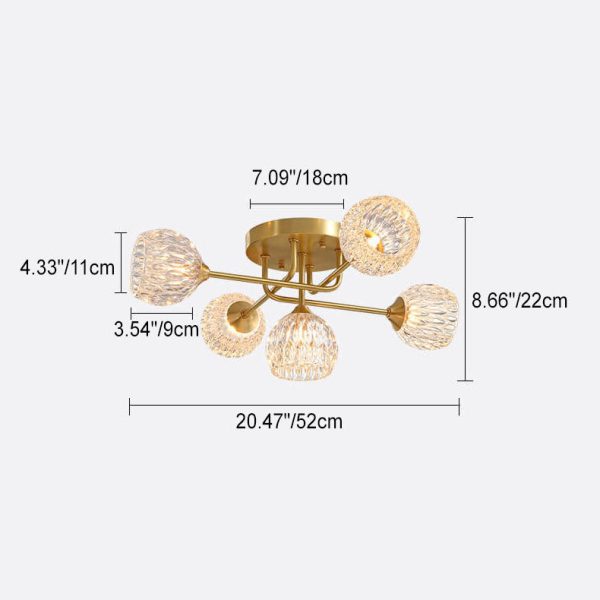 Mid-Century Modern Round Copper Crystal Glass 5-Light Semi-Flush Mount Ceiling Light - Image 3