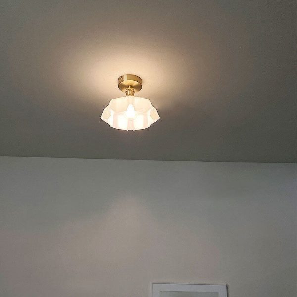 Japanese Vintage Cream Glass Floral Brass 1-Light Semi-Flush Mount Ceiling Light - Image 14