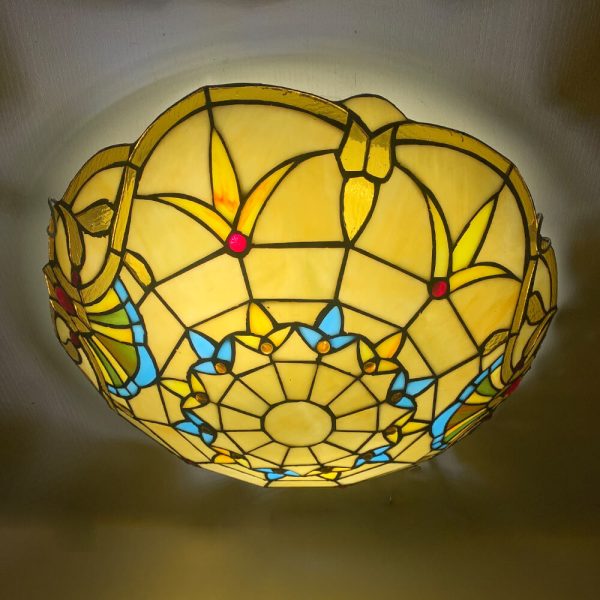 Traditional Tiffany Round Shell Bead Stained Glass 2-Light Flush Mount Ceiling Light For Hallway - Image 3