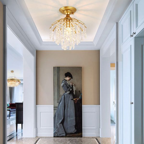 Scandinavian Modern Round Iron Crystal 1-Light Semi-Flush Mount Ceiling Light - Image 13