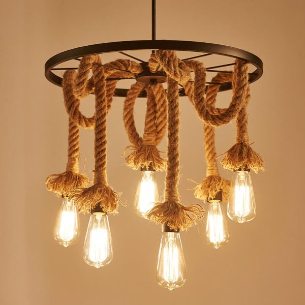 Retro Black Metal Wagon Wheel 3/6 Light Hemp Rope Chandeliers - Image 2