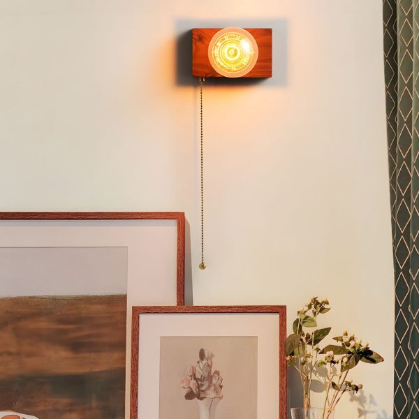 Round/Square Vintage Walnut Wood Wall Lamp 1-light with Pull Chain Switch - Image 7