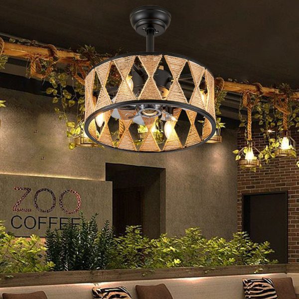 Industrial Creative Hemp Rope Cylinder 4-Light Downrods Ceiling Fan Light - Image 15