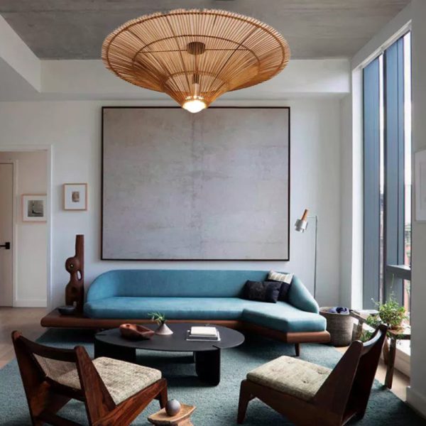 Traditional Japanese Rattan Weaving Hat 1-Light Semi-Flush Mount Ceiling Light For Living Room - Image 2