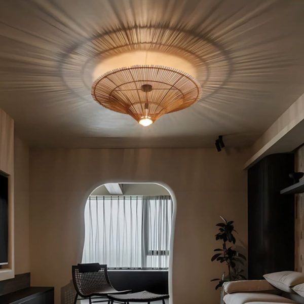 Traditional Japanese Rattan Weaving Hat 1-Light Semi-Flush Mount Ceiling Light For Living Room - Image 3