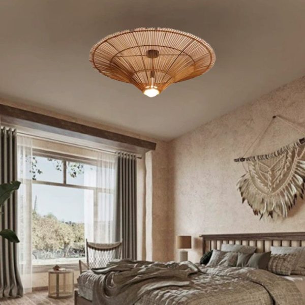 Traditional Japanese Rattan Weaving Hat 1-Light Semi-Flush Mount Ceiling Light For Living Room - Image 6