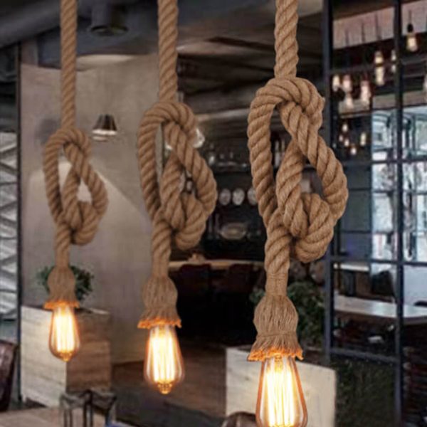 Industrial Hemp Rope Hanging 1/2-Light Pendant Light - Image 3