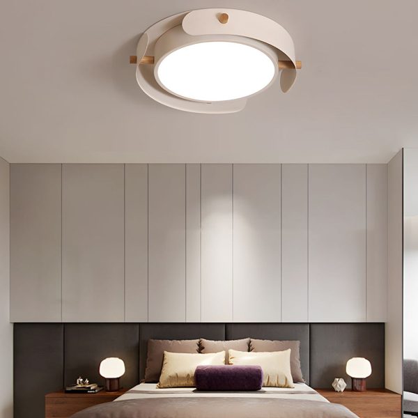Round Nordic White Metallic Wood Drum Flush Mount Ceiling Light - Image 2
