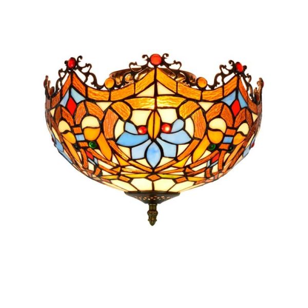 Vintage Tiffany Stained Glass Bowl Shape 2-Light Flush Mount Ceiling Light - Image 11
