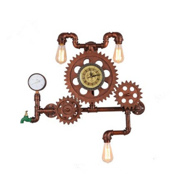 Vintage Industrial Gear Water Pipe Clock 3-Light Wall Light - Image 4