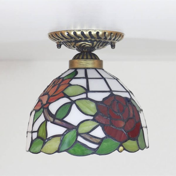 Vintage Tiffany Red Rose Glass 1-Light Semi-Flush Mount Ceiling Light - Image 4