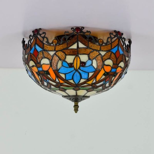 Vintage Tiffany Stained Glass Bowl Shape 2-Light Flush Mount Ceiling Light - Image 5