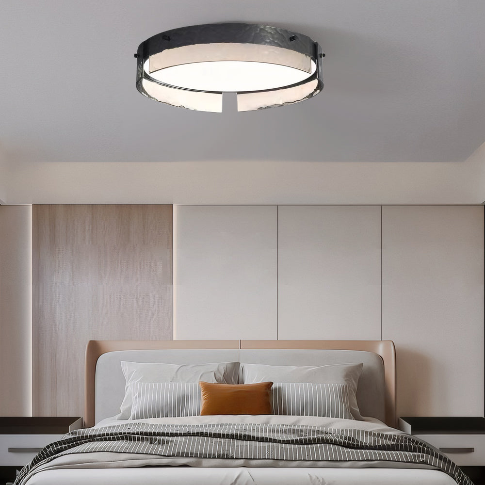 2-3befe7da-b575-442b-8559-f824edac2032.jpg Round Black Hammered Glass LED Flush Mount Ceiling Light - Image 1