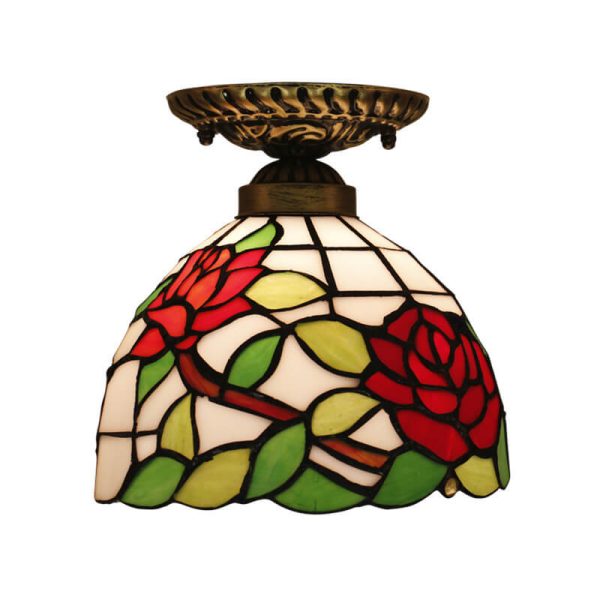 Vintage Tiffany Red Rose Glass 1-Light Semi-Flush Mount Ceiling Light - Image 6