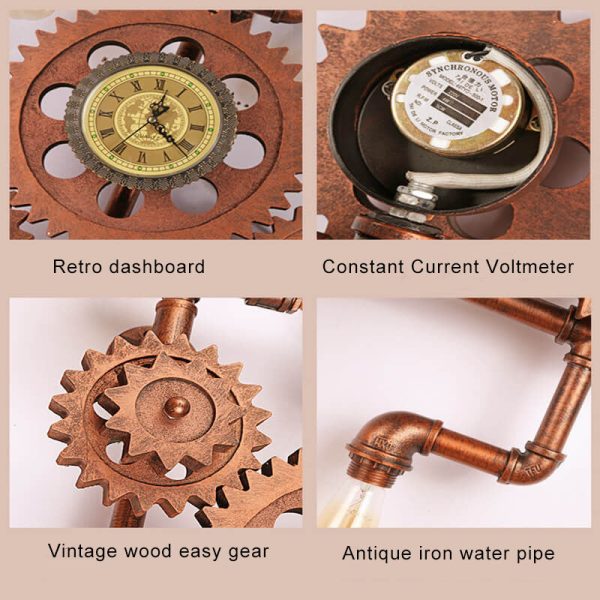 Vintage Industrial Gear Water Pipe Clock 3-Light Wall Light - Image 7