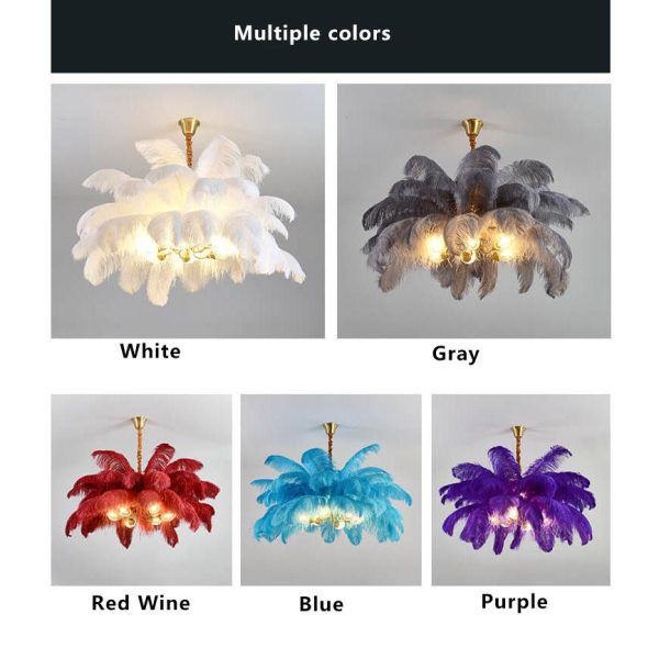 Modern Ostrich Feather 6-Light Brass Chandeliers - Image 6