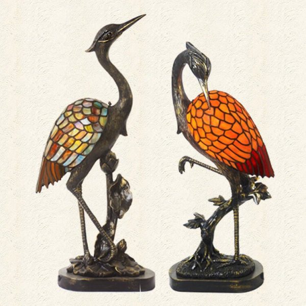 Vintage Tiffany Crane 1-Light Stained Glass Table Lamp - Image 7