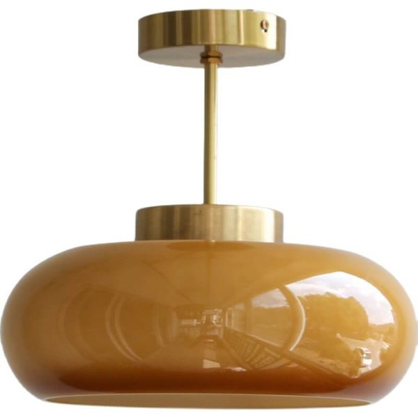 Vintage Brass Yellow Glass 1-Light Semi-Flush Mount Ceiling Light - Image 9