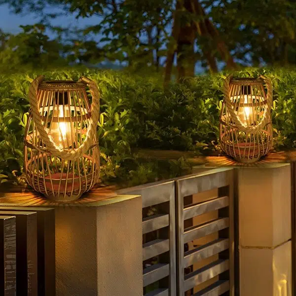 Portable Bamboo Rattan Waterproof LED Wood Retro Solar Outdoor Lanterns - Image 3
