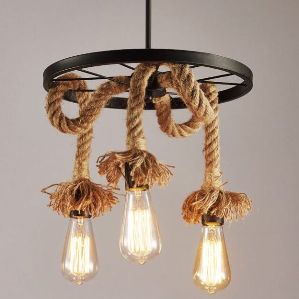Retro Black Metal Wagon Wheel 3/6 Light Hemp Rope Chandeliers - Image 5