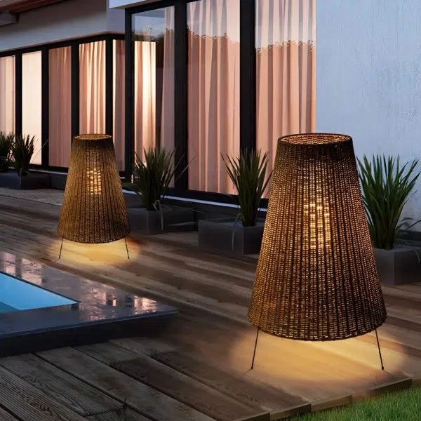 Rattan Shaded Tripod Metal and 1-Light Outdoor Floor Lamp - Image 3