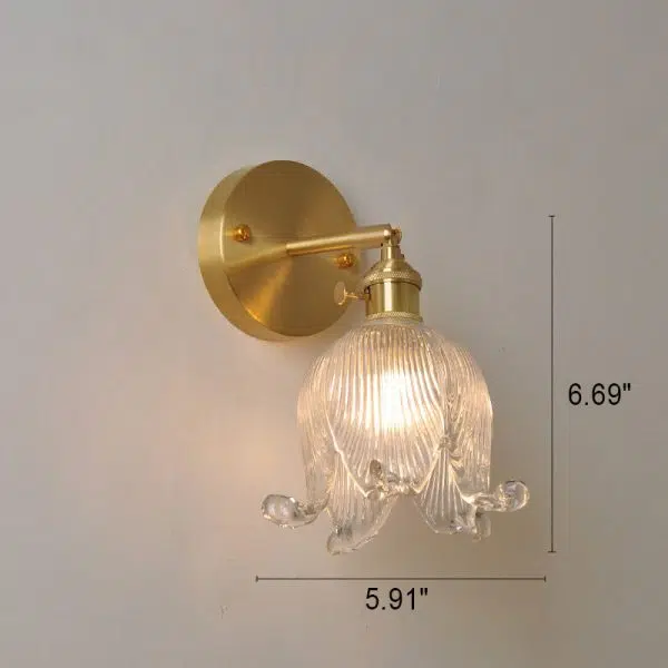 Vintage Japanese Brass Glass Bell Flower 1-Light Wall Sconce Lamp - Image 4