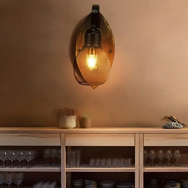 Rustic Antique Wood Iron Hollow Mesh Black E27 Industrial Style Wall Lamp - Image 2