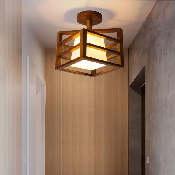 Square Walnut Wooden Frame 1-Light Semi-Flush Mount Ceiling Light - Image 2
