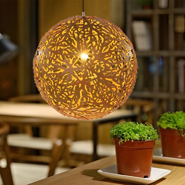 Handmade Hollowed Ball Basswood Shade LED Creative Modern Chandelier - Image 3