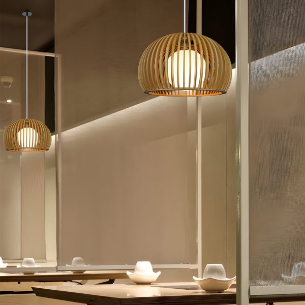 Hemispherical Wood Birdcage Glass Ball Shade Creative Modern Chandelier - Image 2