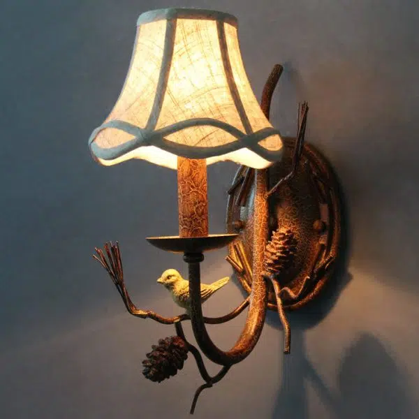 Vintage Fabric Bird Pinecone Resin 1/2 Light Wall Sconce Lamp - Image 2