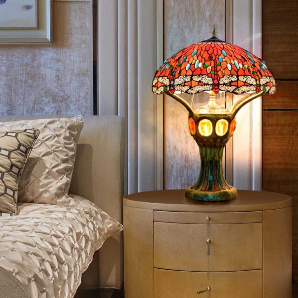 Tiffany Vintage Red Glass Dragonfly Design 4-Light Table Lamp - Image 7