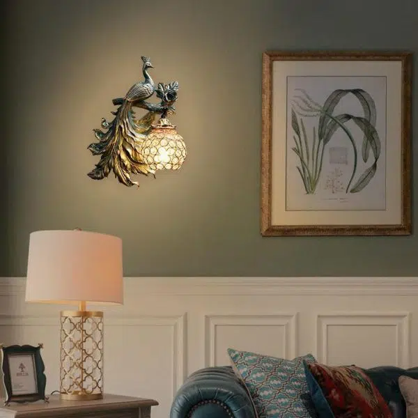 European Vintage Peacock Resin 1-Light Wall Sconce Lamp - Image 12