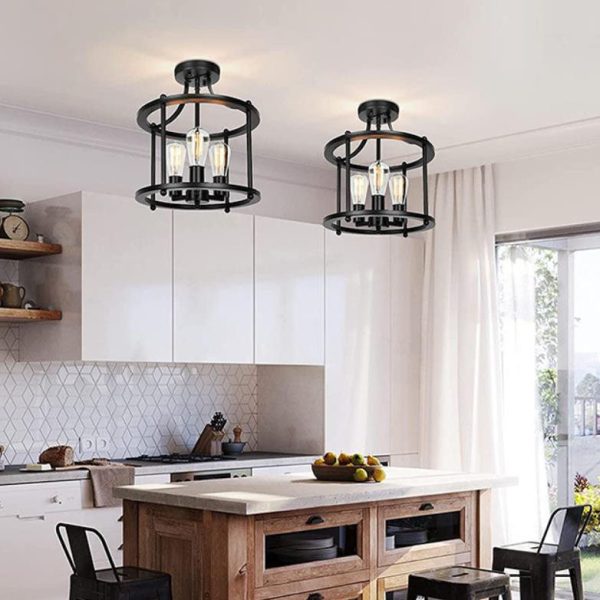 Industrial Vintage Round Drum 3-Light Semi-Flush Mount Ceiling Light - Image 10